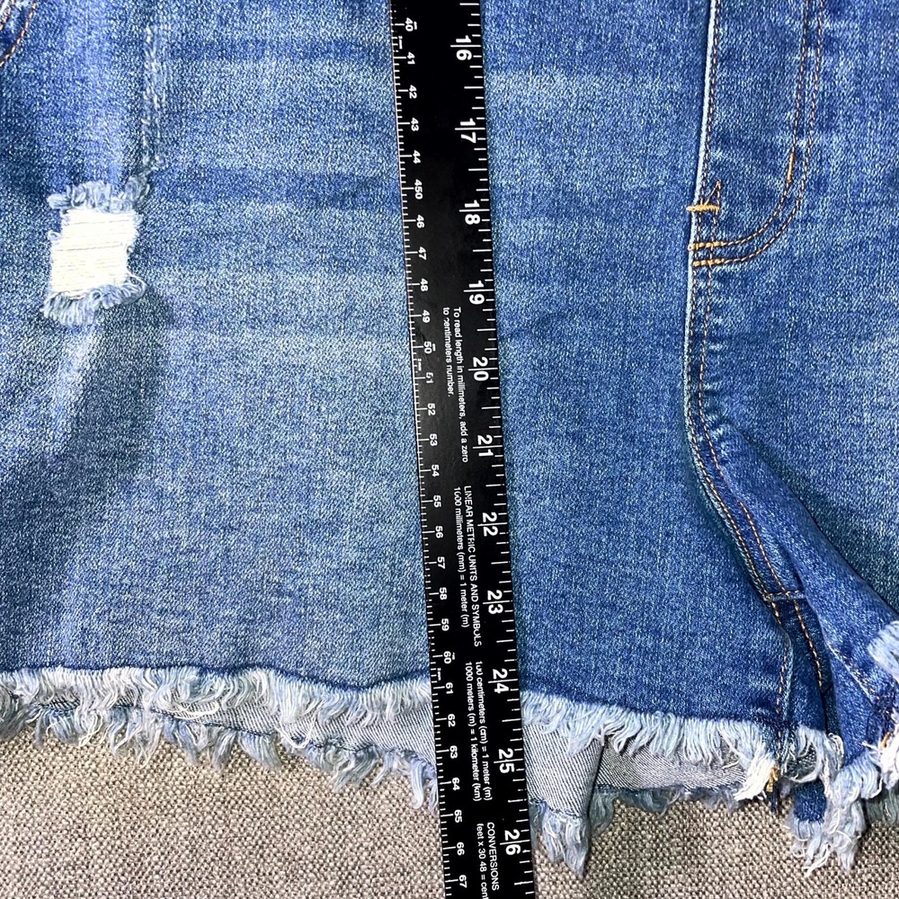 No Boundaries Overall Shorts Womens 2XL Blue Denim high Rise Frayed Hem V Neck - Picture 10 of 14